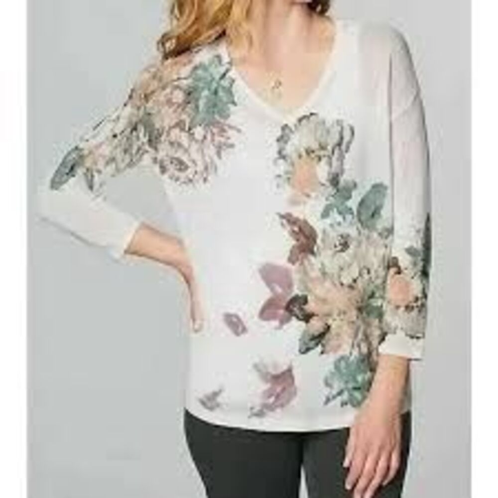 J. Jill White Linen Blend Sz L Floral Sweater 3/4 Sleeve